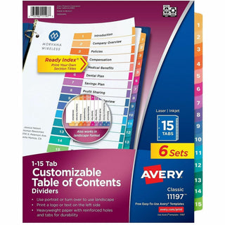 Customizable TOC Ready Index Multicolor Tab Dividers, 15-Tab, 1 to 15, 11 x 8.5, White, Traditional Color Tabs, 6 Sets