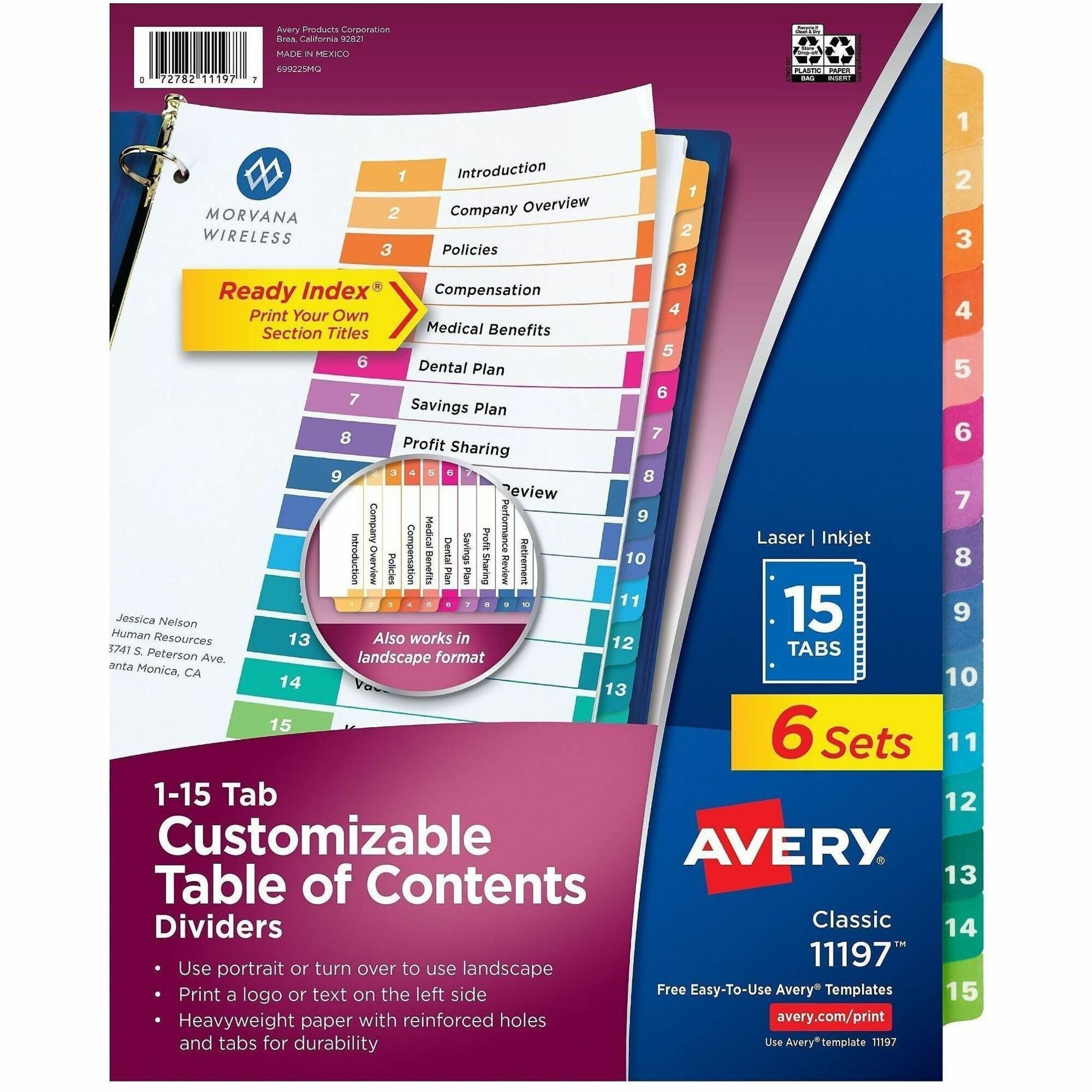 Customizable TOC Ready Index Multicolor Tab Dividers, 15-Tab, 1 to 15, 11 x 8.5, White, Traditional Color Tabs, 6 Sets