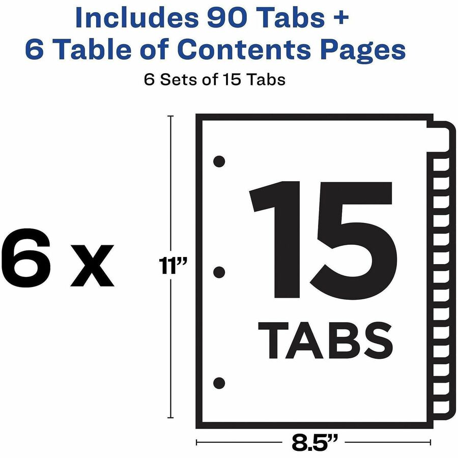 Customizable TOC Ready Index Multicolor Tab Dividers, 15-Tab, 1 to 15, 11 x 8.5, White, Traditional Color Tabs, 6 Sets