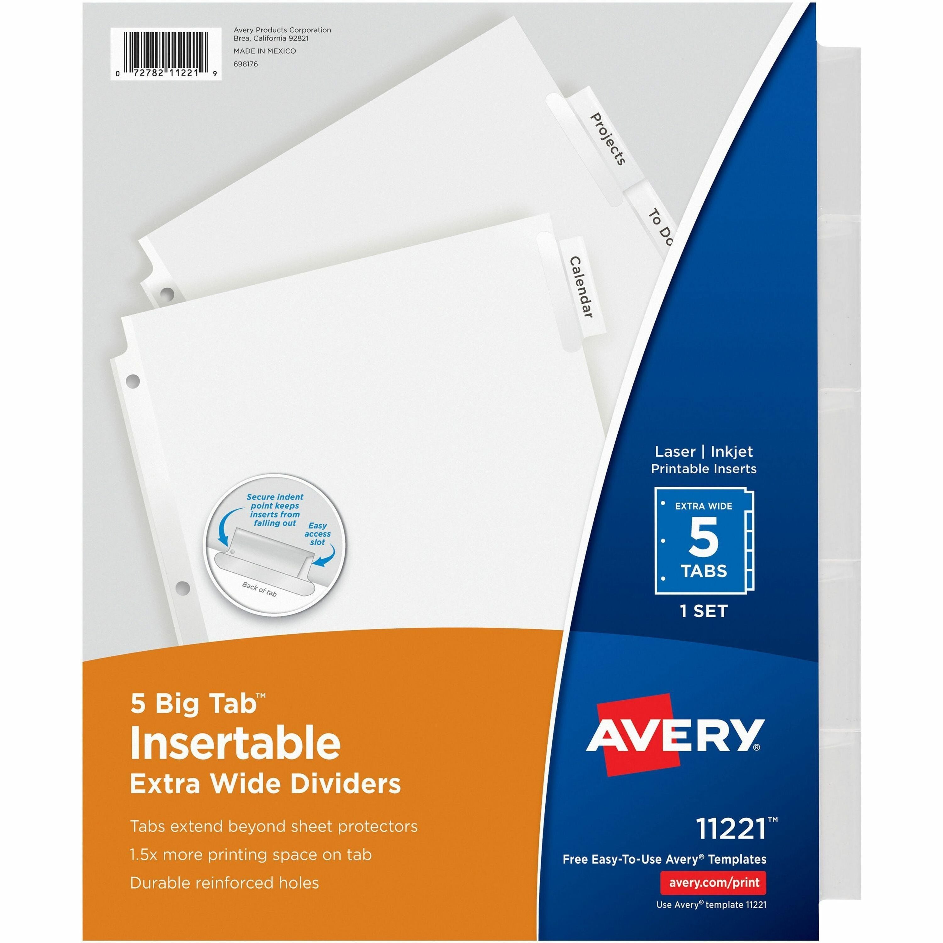Insertable Big Tab Dividers, 5-Tab, Single-Sided Copper Edge Reinforcing, 11.13 x 9.25, White, Clear Tabs, 1 Set