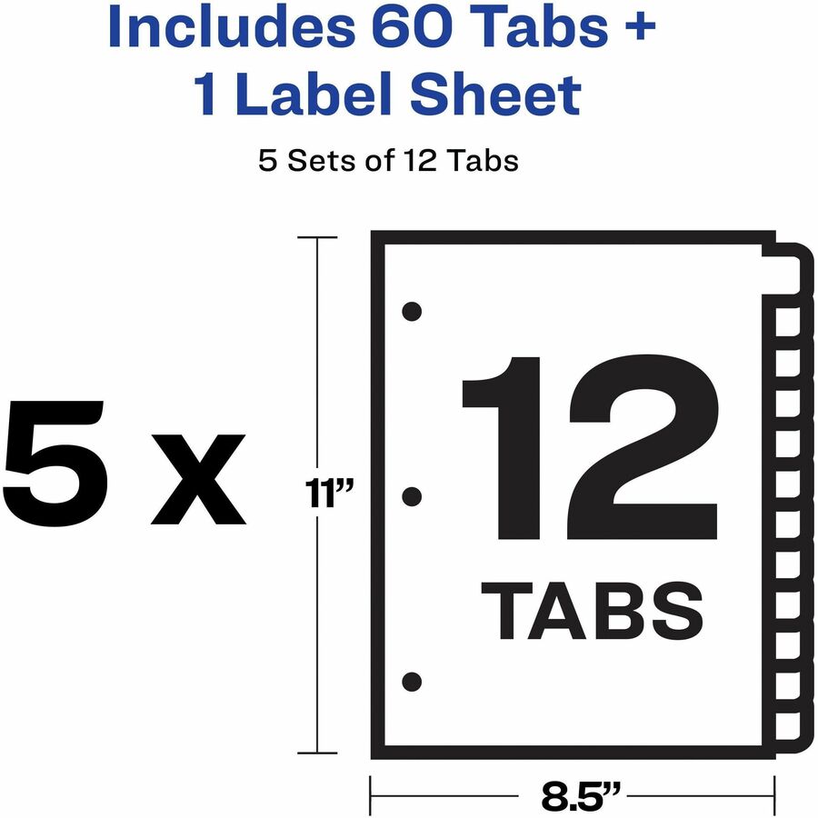 Print and Apply Index Maker Clear Label Dividers, 12-Tab, Color Tabs, 11 x 8.5, White, 5 Sets
