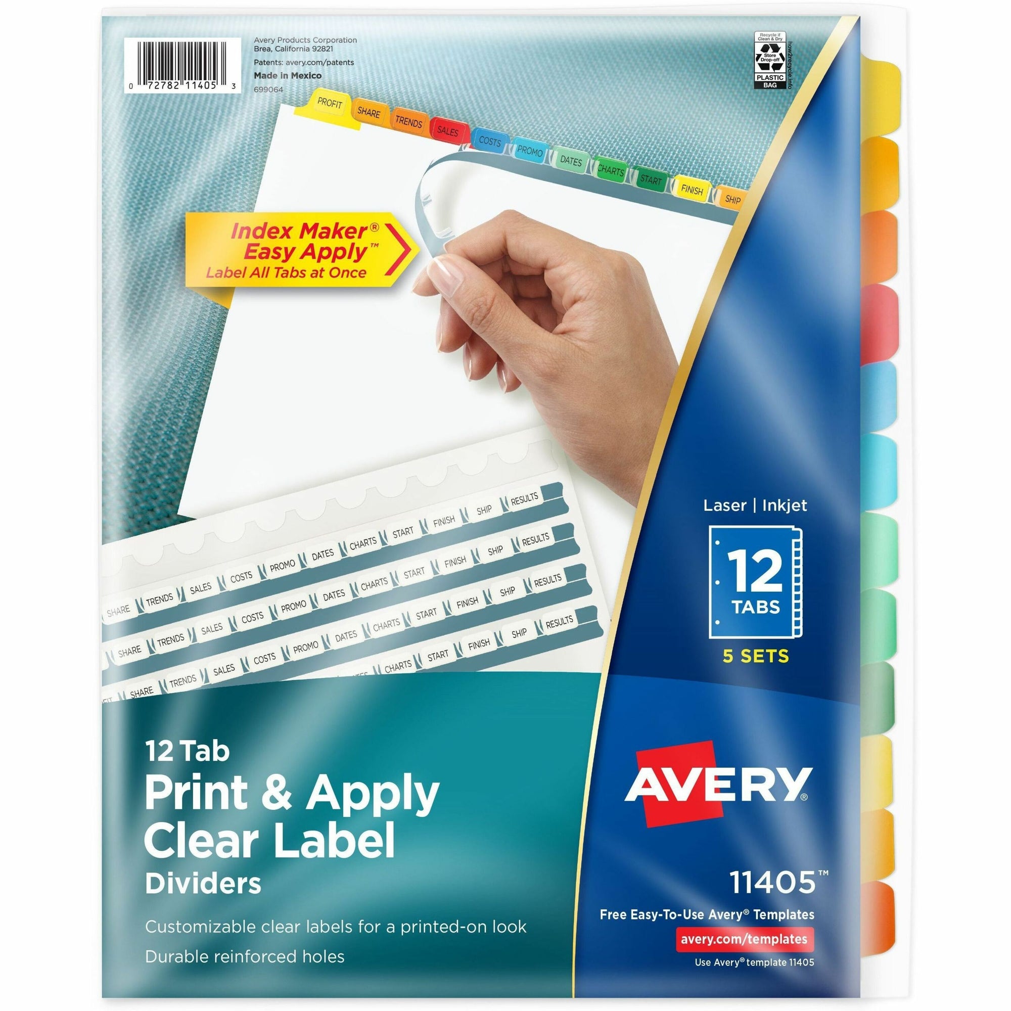 Print and Apply Index Maker Clear Label Dividers, 12-Tab, Color Tabs, 11 x 8.5, White, 5 Sets