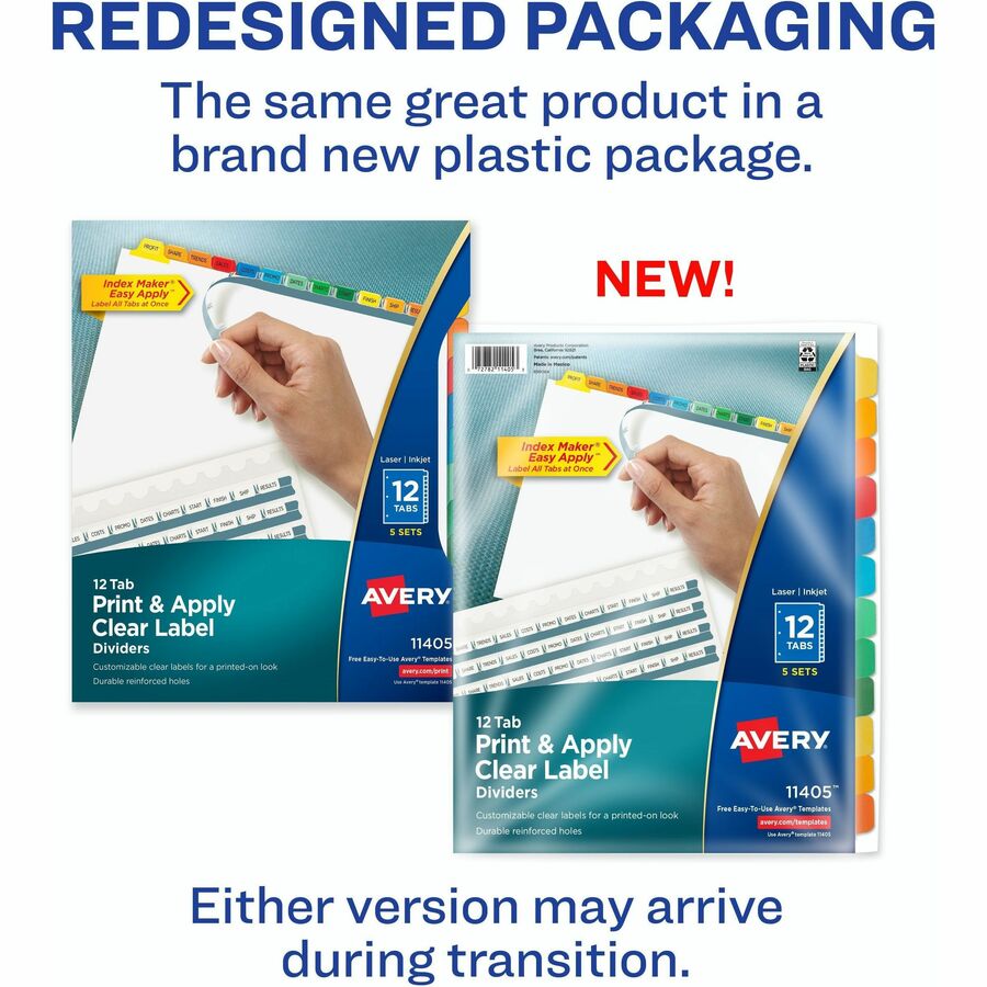 Print and Apply Index Maker Clear Label Dividers, 12-Tab, Color Tabs, 11 x 8.5, White, 5 Sets