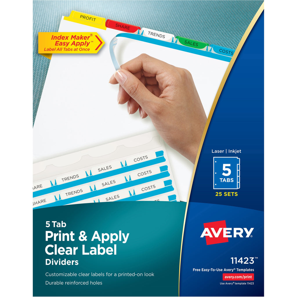Print and Apply Index Maker Clear Label Dividers, 5-Tab, Color Tabs, 11 x 8.5, White, Traditional Color Tabs, 25 Sets