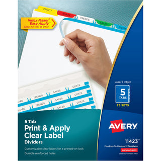 Print and Apply Index Maker Clear Label Dividers, 5-Tab, Color Tabs, 11 x 8.5, White, Traditional Color Tabs, 25 Sets