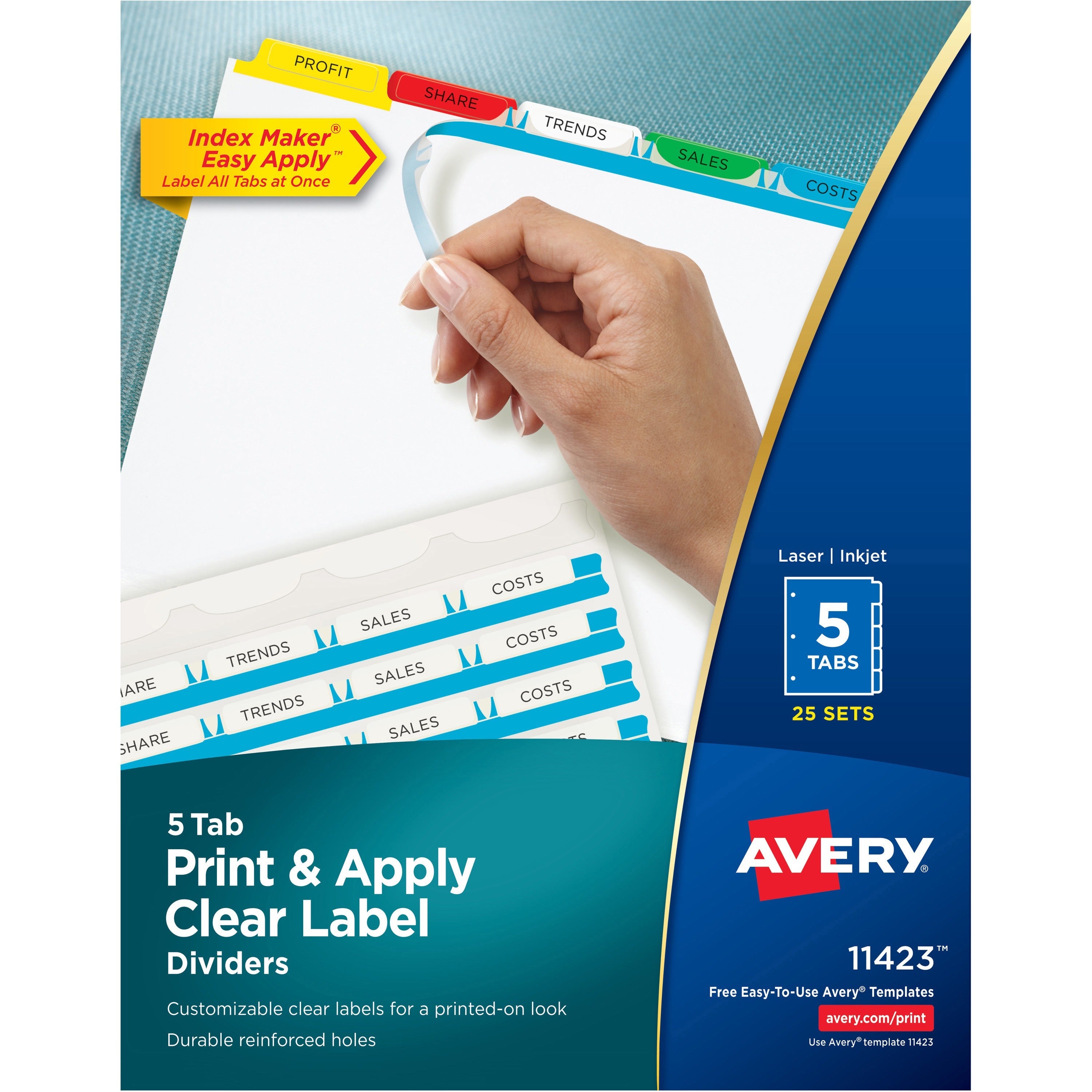 Print and Apply Index Maker Clear Label Dividers, 5-Tab, Color Tabs, 11 x 8.5, White, Traditional Color Tabs, 25 Sets