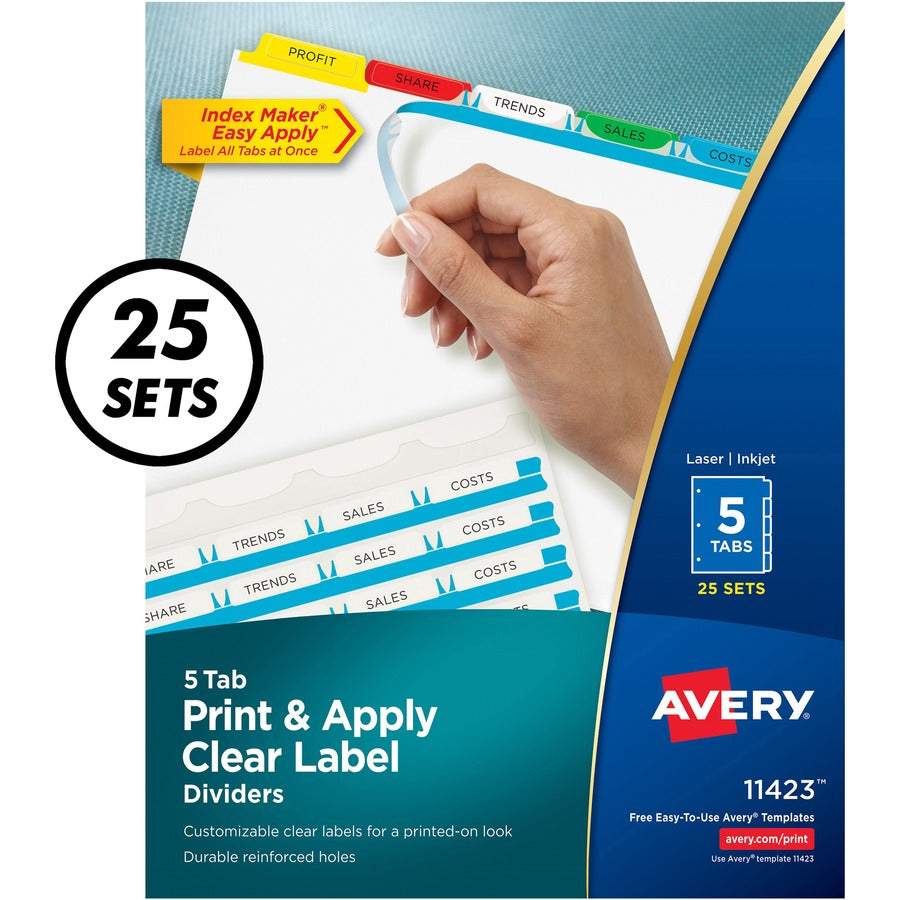 Print and Apply Index Maker Clear Label Dividers, 5-Tab, Color Tabs, 11 x 8.5, White, Traditional Color Tabs, 25 Sets