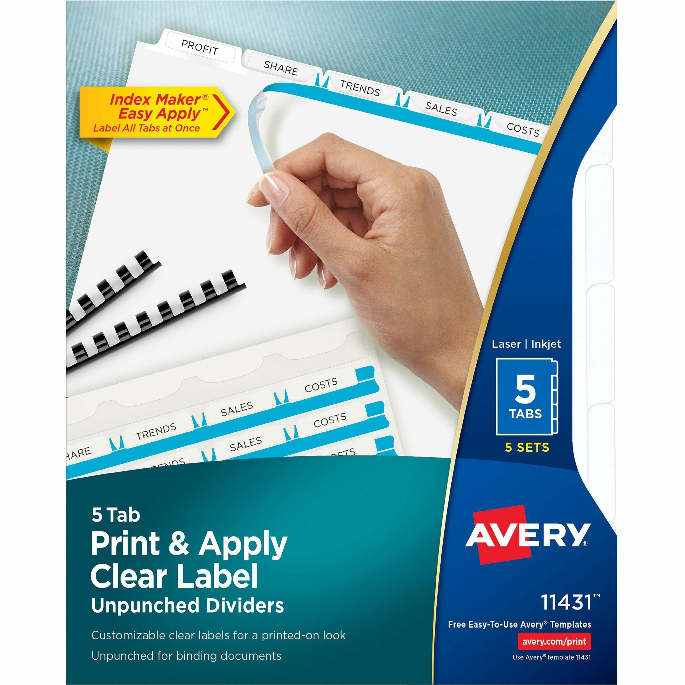 Print and Apply Index Maker Clear Label Unpunched Dividers, 5-Tab, 11 x 8.5, White, 5 Sets