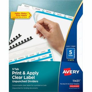 Print and Apply Index Maker Clear Label Unpunched Dividers, 5-Tab, 11 x 8.5, White, 5 Sets