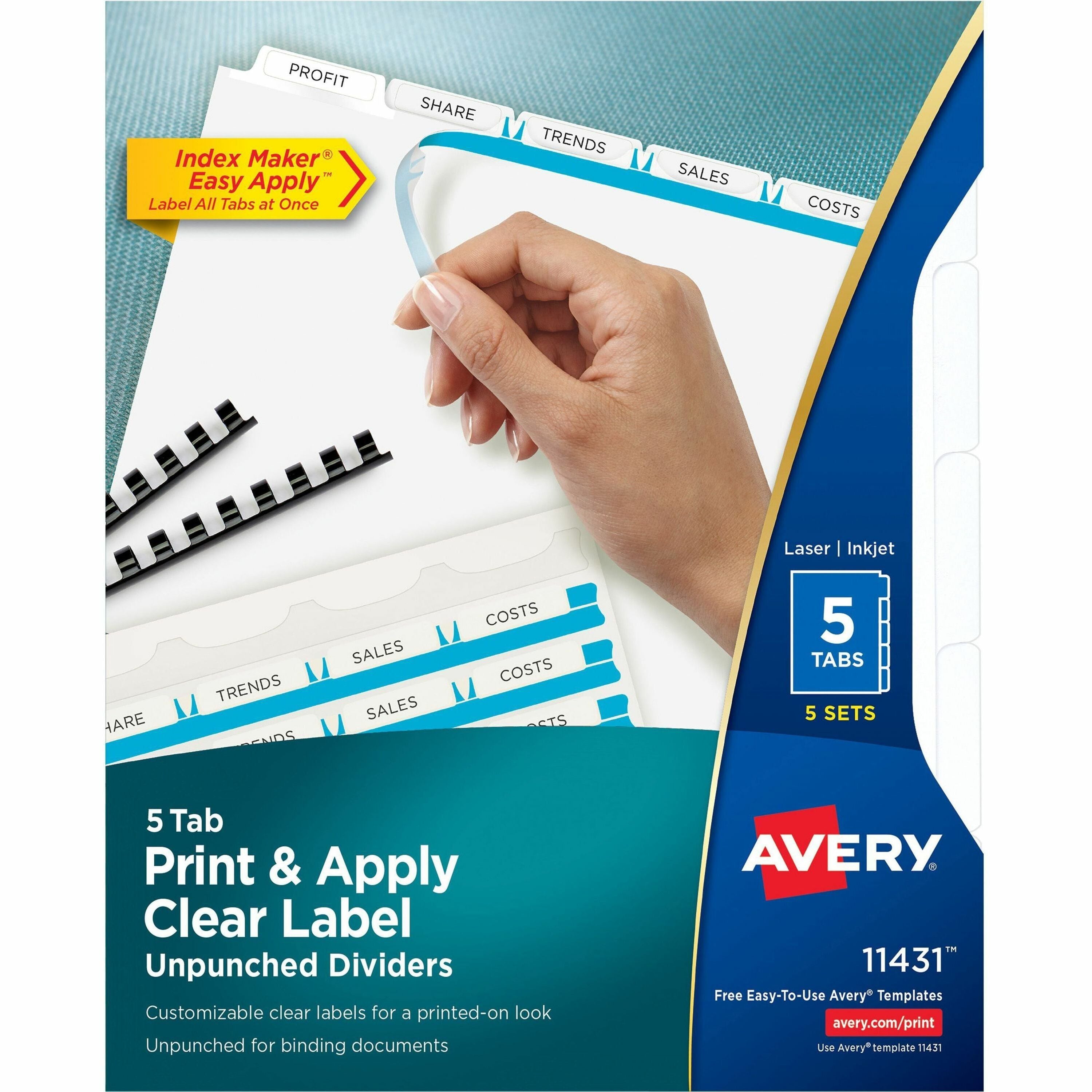 Print and Apply Index Maker Clear Label Unpunched Dividers, 5-Tab, 11 x 8.5, White, 5 Sets