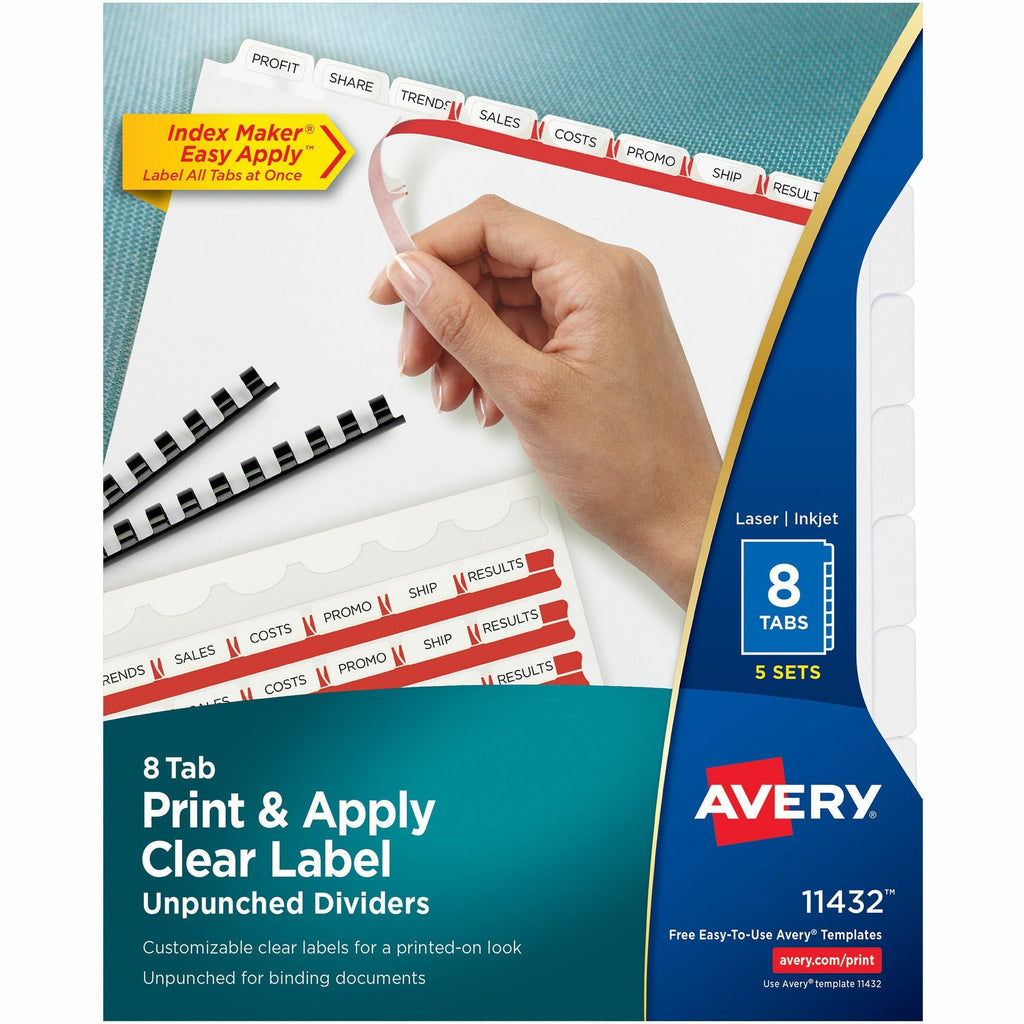 Print and Apply Index Maker Clear Label Unpunched Dividers, 8-Tab, 11 x 8.5, White, 5 Sets