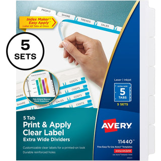Print and Apply Index Maker Clear Label Dividers, Extra Wide Tab, 5-Tab, White Tabs, 11.25 x 9.25, White, 5 Sets