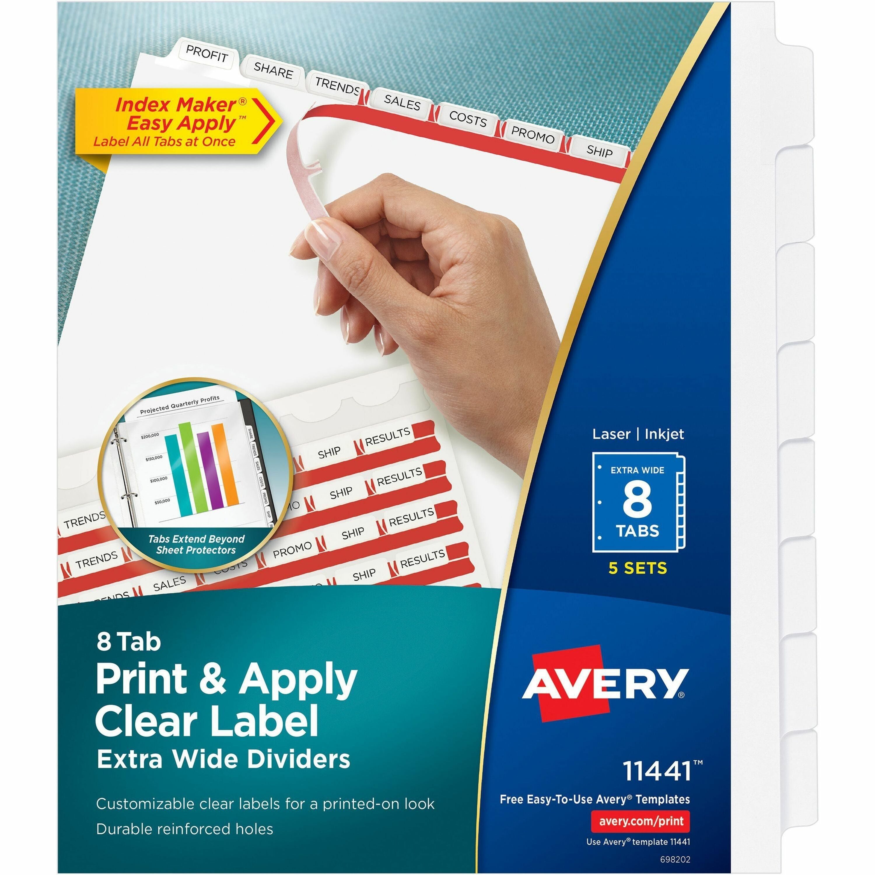 Print and Apply Index Maker Clear Label Dividers, Extra Wide Tabs, 8-Tab, 11.25 x 9.25, White, 5 Sets