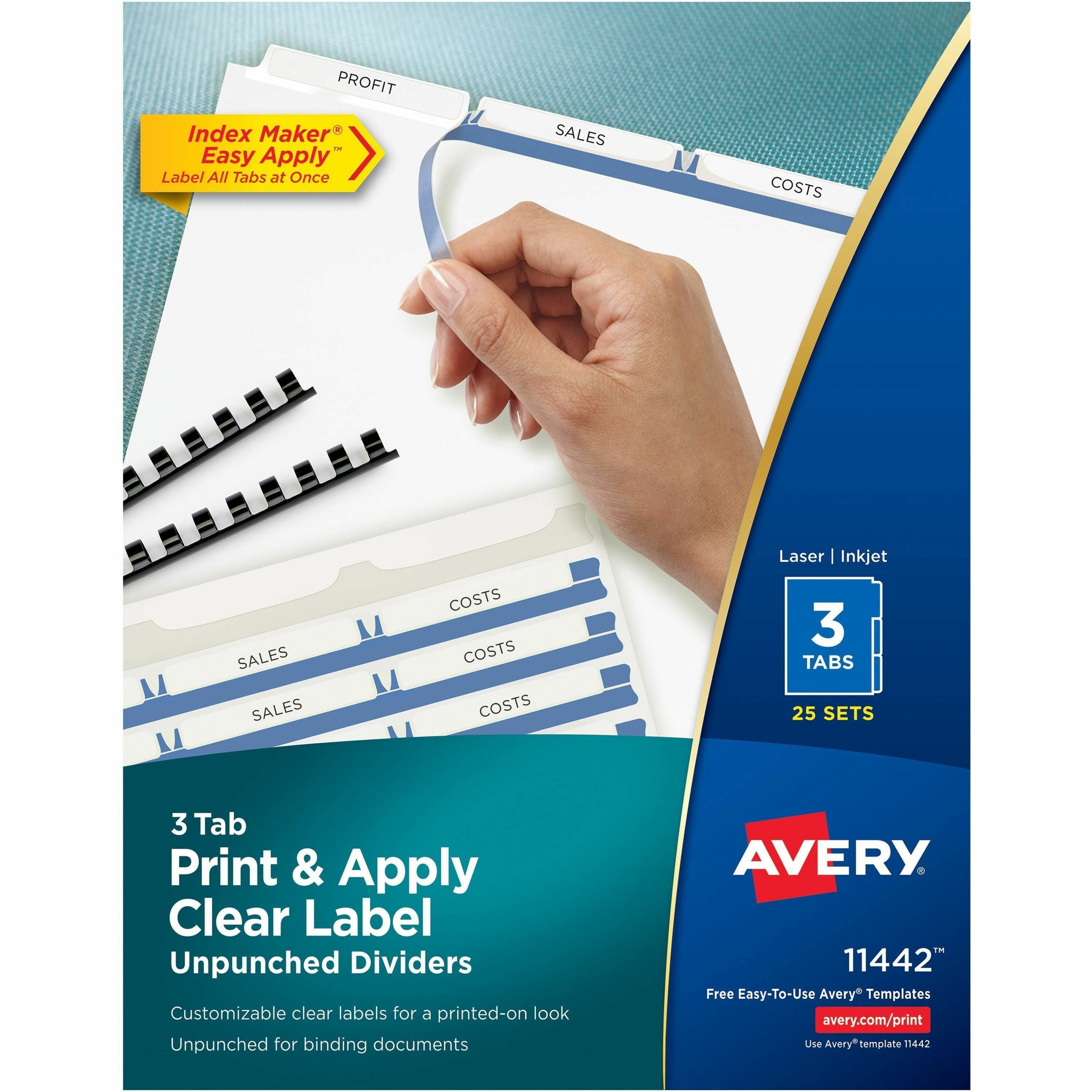 Print and Apply Index Maker Clear Label Unpunched Dividers, 3-Tab, 11 x 8.5, White, 25 Sets