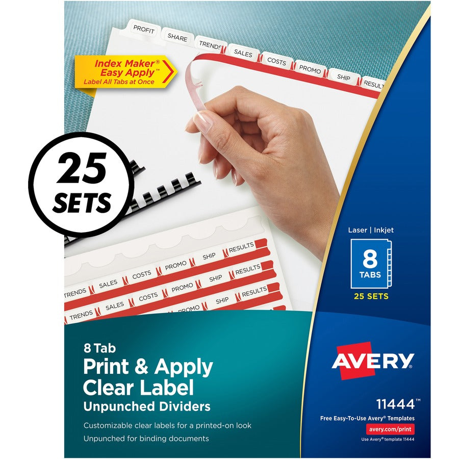 Print and Apply Index Maker Clear Label Unpunched Dividers, 8-Tab, 11 x 8.5, White, White Tabs, 25 Sets