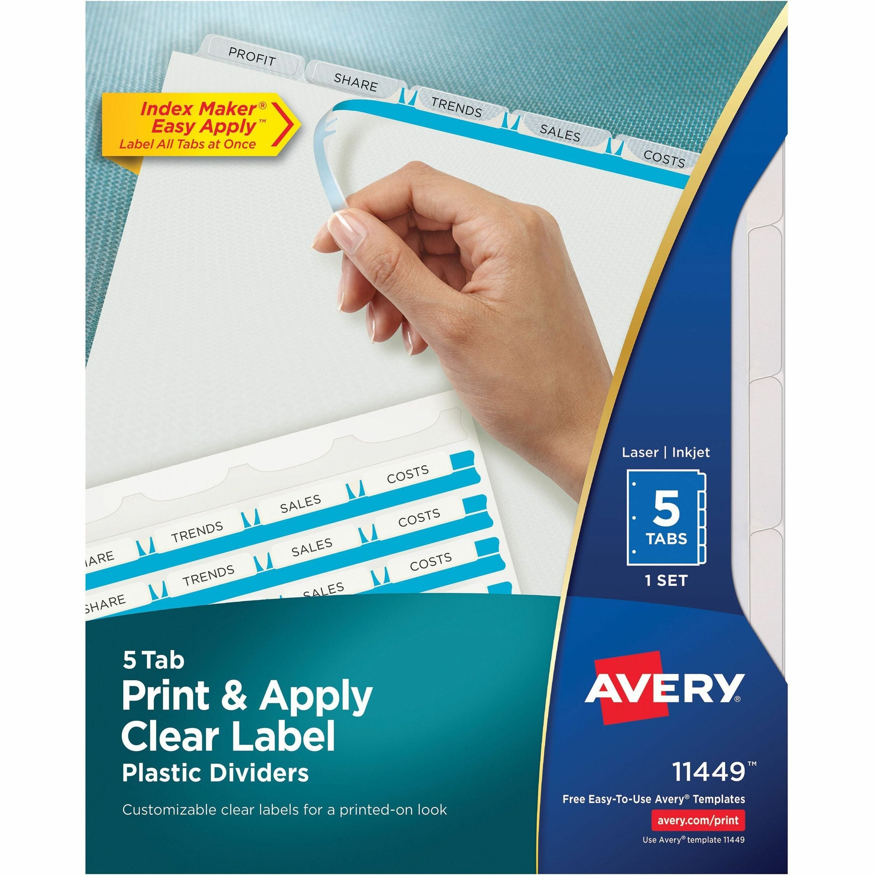 Print and Apply Index Maker Clear Label Plastic Dividers w/Printable Label Strip, 5-Tab, 11 x 8.5, Frosted Clear Tabs, 1 Set