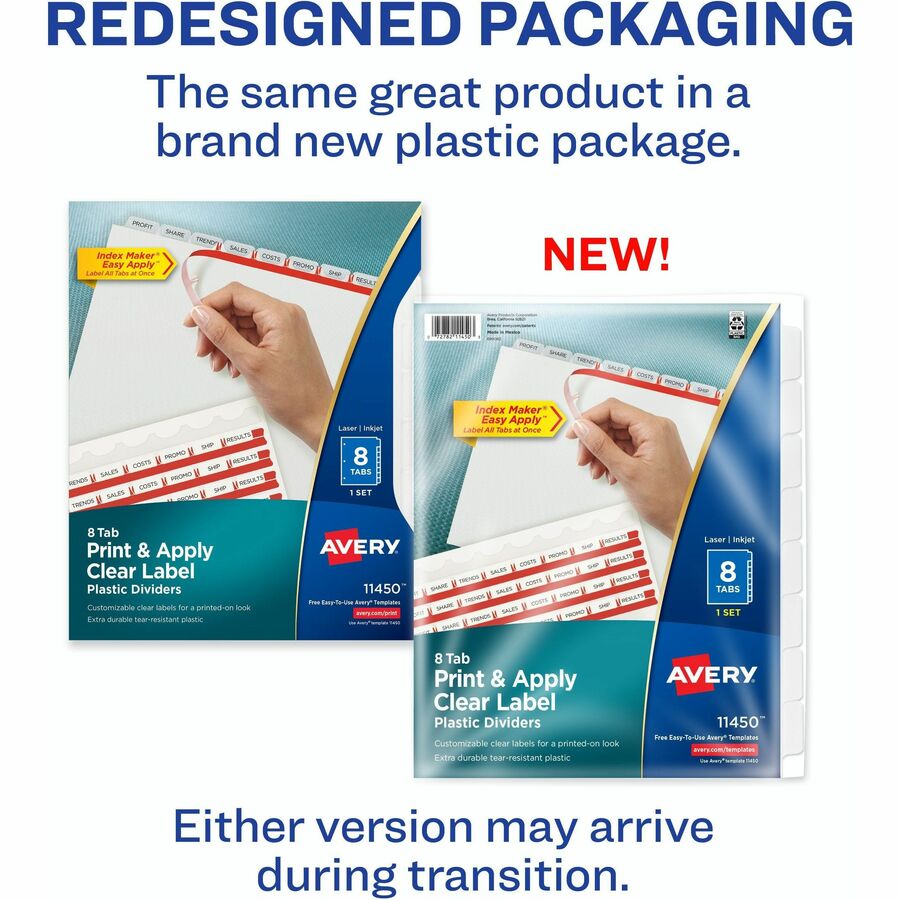 Print and Apply Index Maker Clear Label Plastic Dividers w/Printable Label Strip, 8-Tab, 11 x 8.5, Frosted Clear Tabs, 1 Set