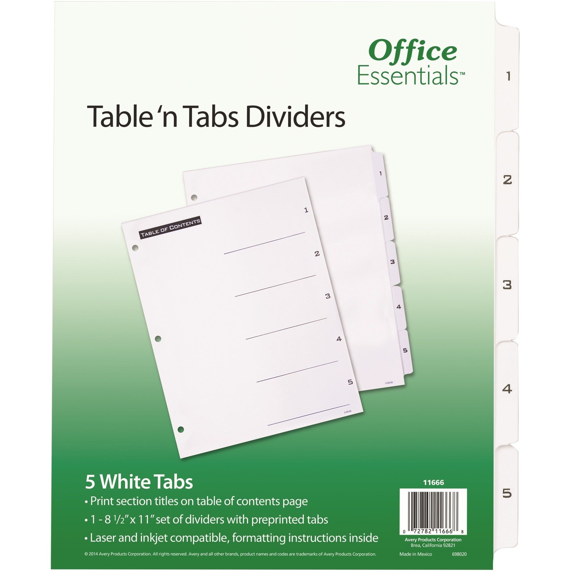 Avery B/W Print Table of Contents Tab Dividers - 5 x Divider(s) - 1-5 - 5 Tab(s)/Set - 8.5" Divider Width x 11" Divider Length - 3 Hole Punched - White Paper Divider - Black Paper, White Tab(s) - 1