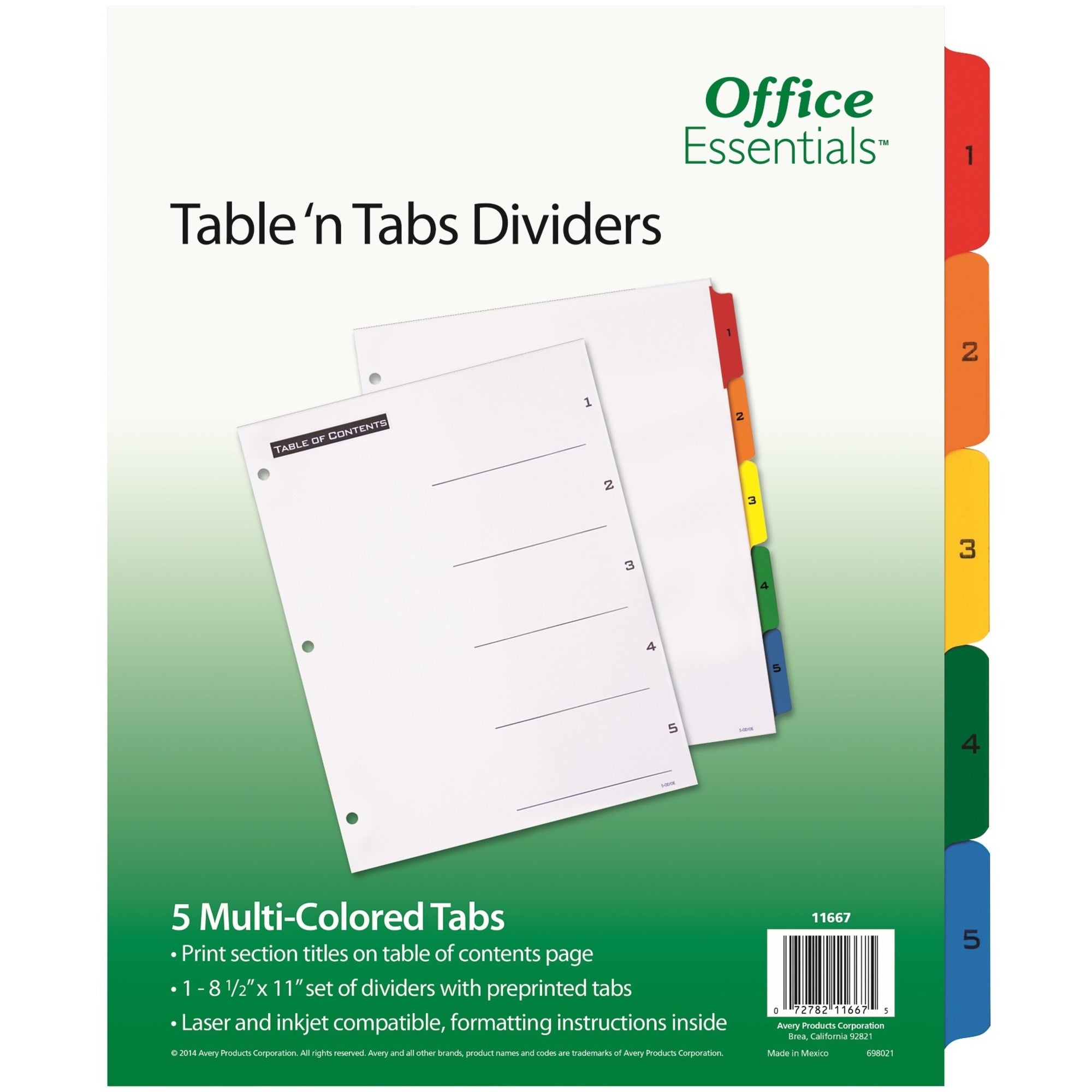 Avery Table 'N Tabs Numeric Dividers - 5 x Divider(s) - 1-5 - 5 Tab(s)/Set - 8.5" Divider Width x 11" Divider Length - 3 Hole Punched - White Paper Divider - Multicolor Paper Tab(s) - 1 - 