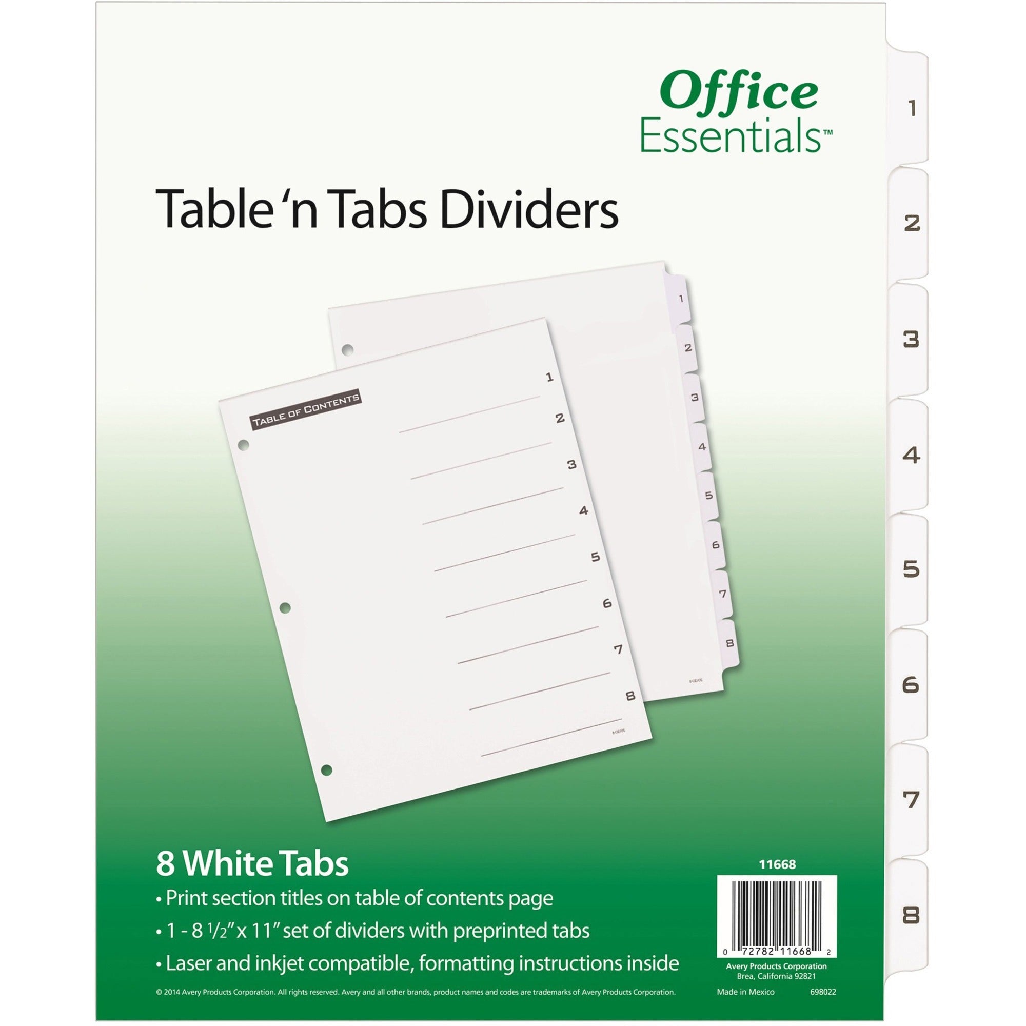 Table 'n Tabs Dividers, 8-Tab, 1 to 8, 11 x 8.5, White, White Tabs, 1 Set