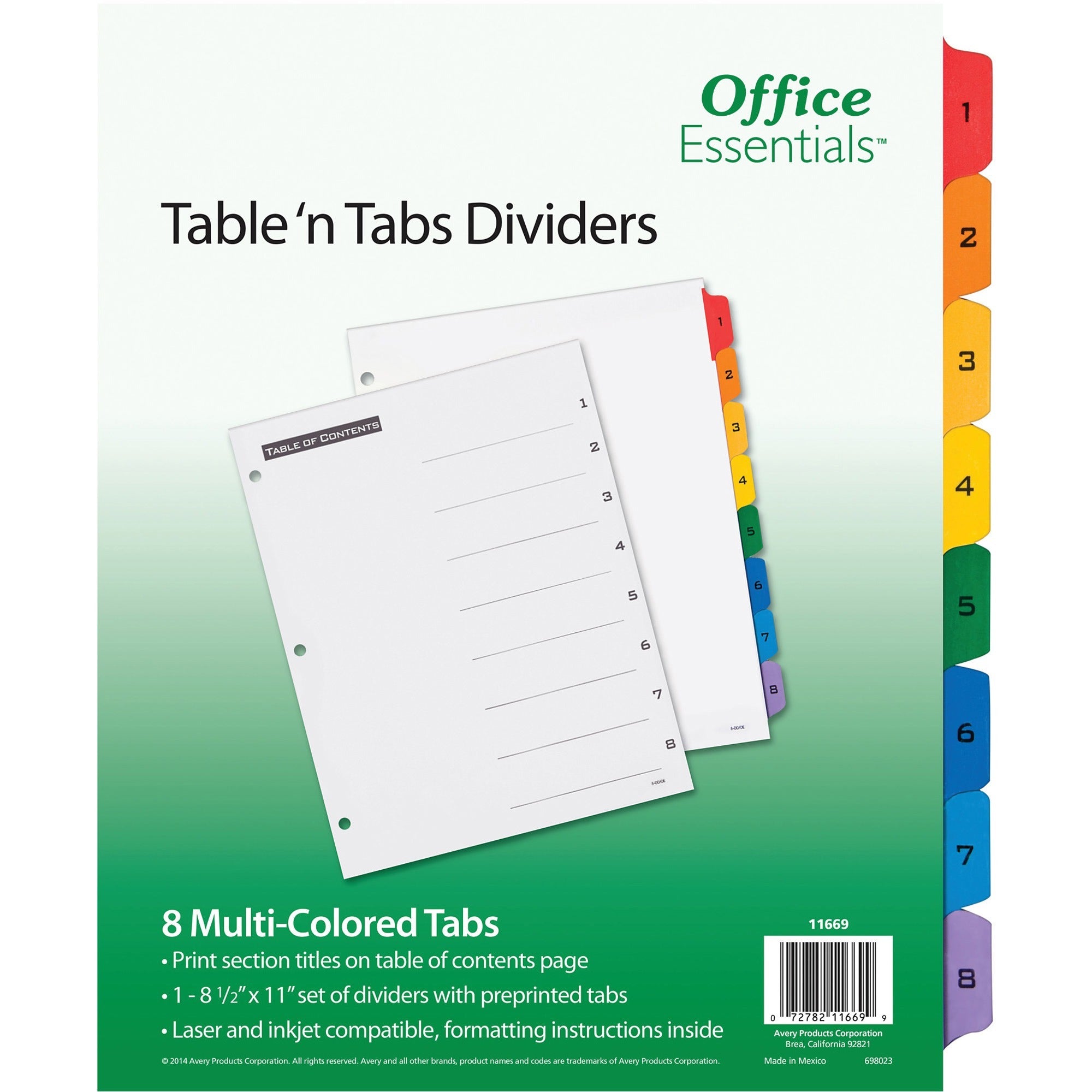 Table 'n Tabs Dividers, 8-Tab, 1 to 8, 11 x 8.5, White, Assorted Tabs, 1 Set