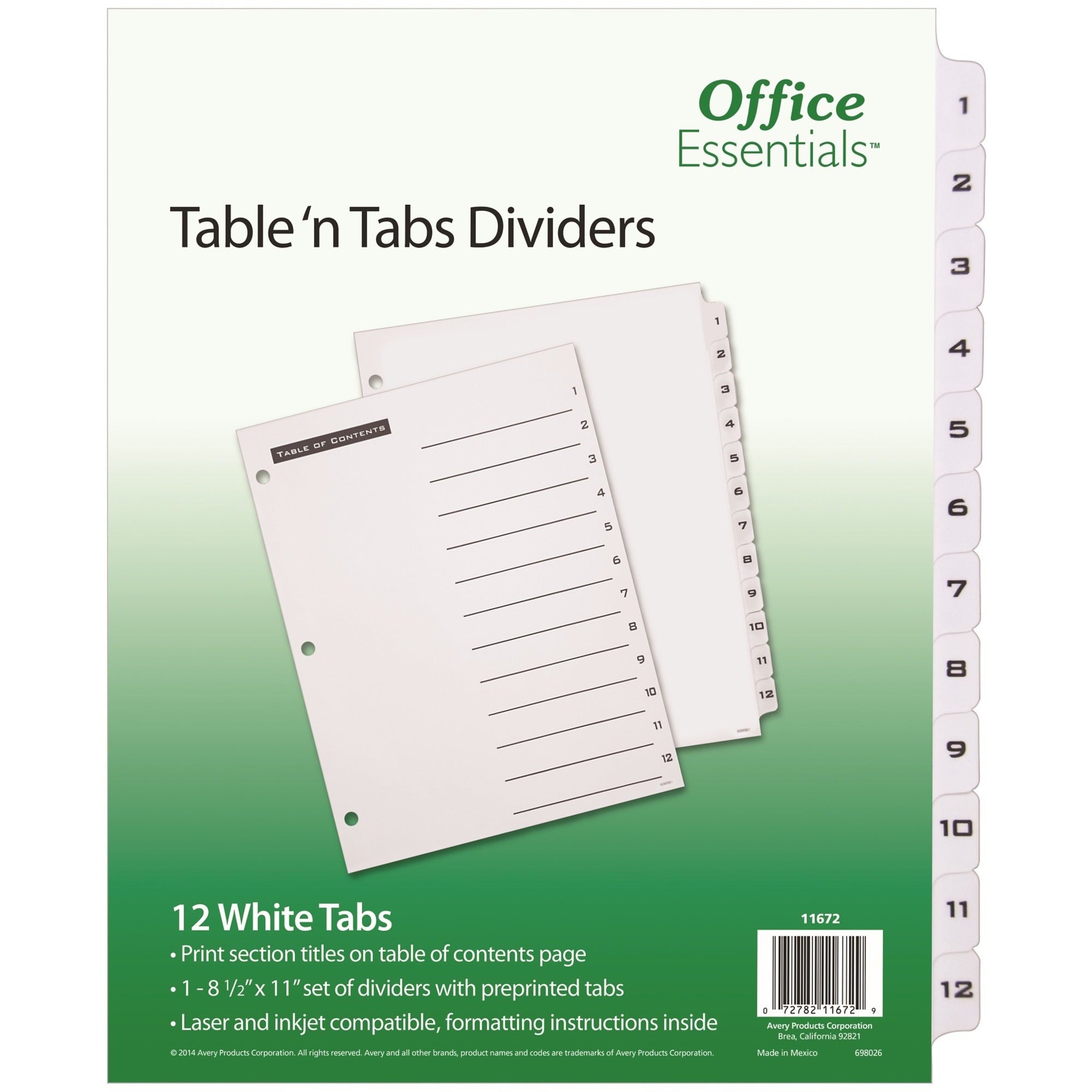 Avery B/W Print Table of Contents Tab Dividers - 12 x Divider(s) - 1-12 - 12 Tab(s)/Set - 8.5" Divider Width x 11" Divider Length - 3 Hole Punched - White Paper Divider - Black Paper, White Tab(s) - 1 - 