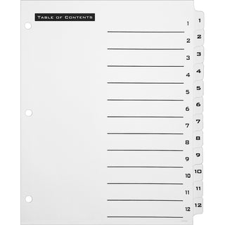 Avery B/W Print Table of Contents Tab Dividers - 12 x Divider(s) - 1-12 - 12 Tab(s)/Set - 8.5" Divider Width x 11" Divider Length - 3 Hole Punched - White Paper Divider - Black Paper, White Tab(s) - 1 - 