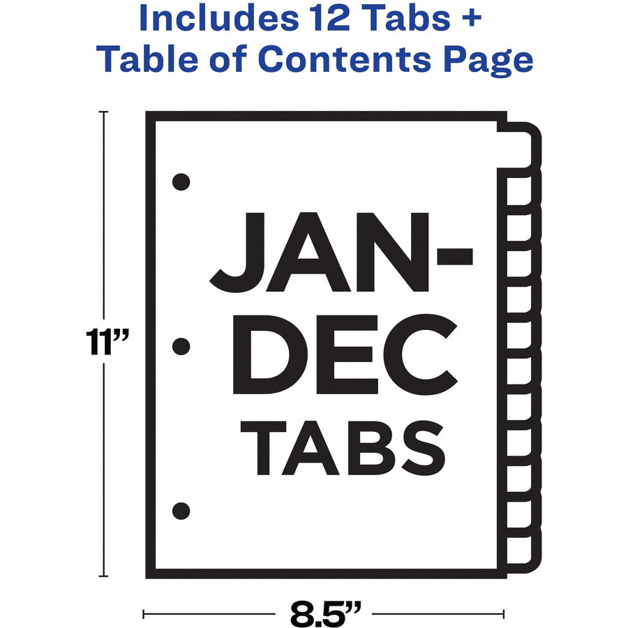 Table 'n Tabs Dividers, 12-Tab, Jan. to Dec., 11 x 8.5, White, Assorted Tabs, 1 Set