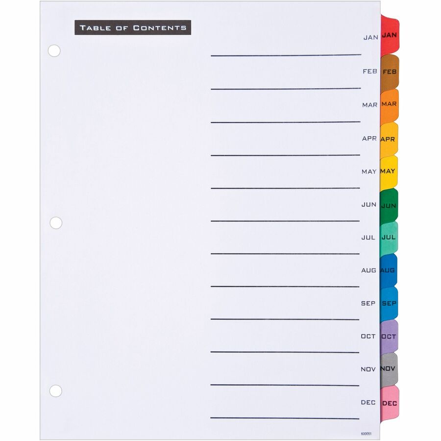 Table 'n Tabs Dividers, 12-Tab, Jan. to Dec., 11 x 8.5, White, Assorted Tabs, 1 Set