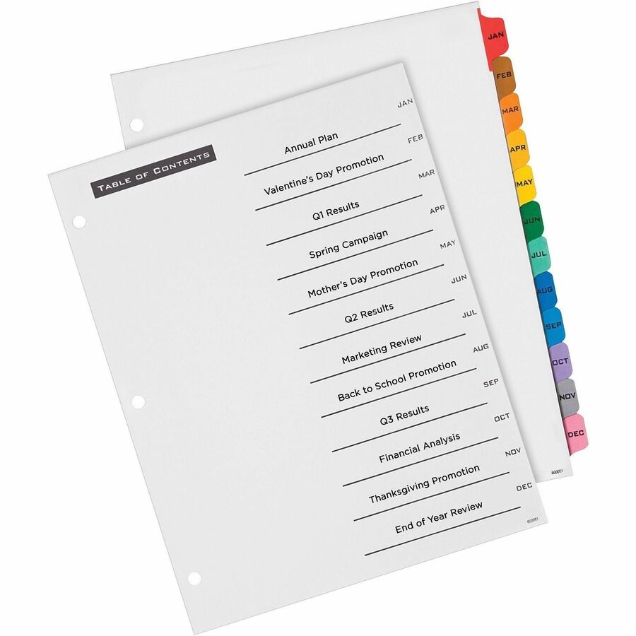 Table 'n Tabs Dividers, 12-Tab, Jan. to Dec., 11 x 8.5, White, Assorted Tabs, 1 Set
