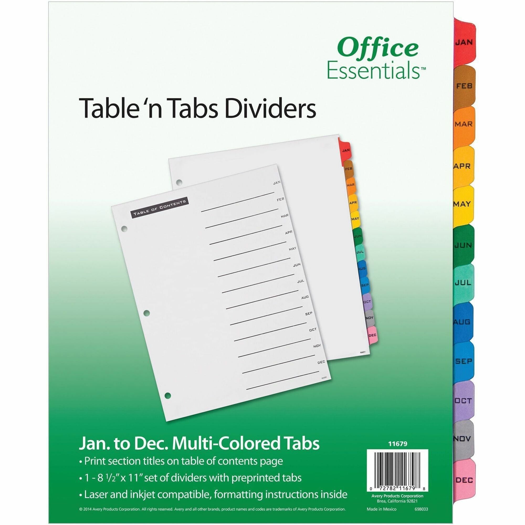 Table 'n Tabs Dividers, 12-Tab, Jan. to Dec., 11 x 8.5, White, Assorted Tabs, 1 Set