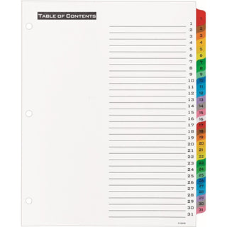 Table 'n Tabs Dividers, 31-Tab, 1 to 31, 11 x 8.5, White, Assorted Tabs, 1 Set
