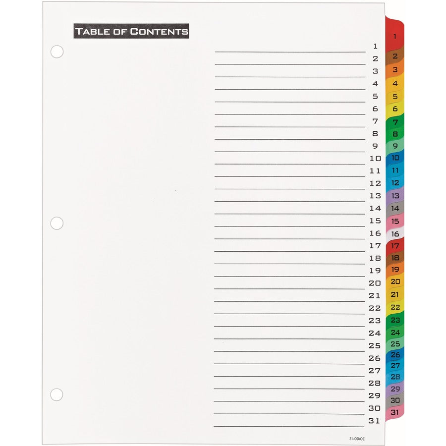 Table 'n Tabs Dividers, 31-Tab, 1 to 31, 11 x 8.5, White, Assorted Tabs, 1 Set