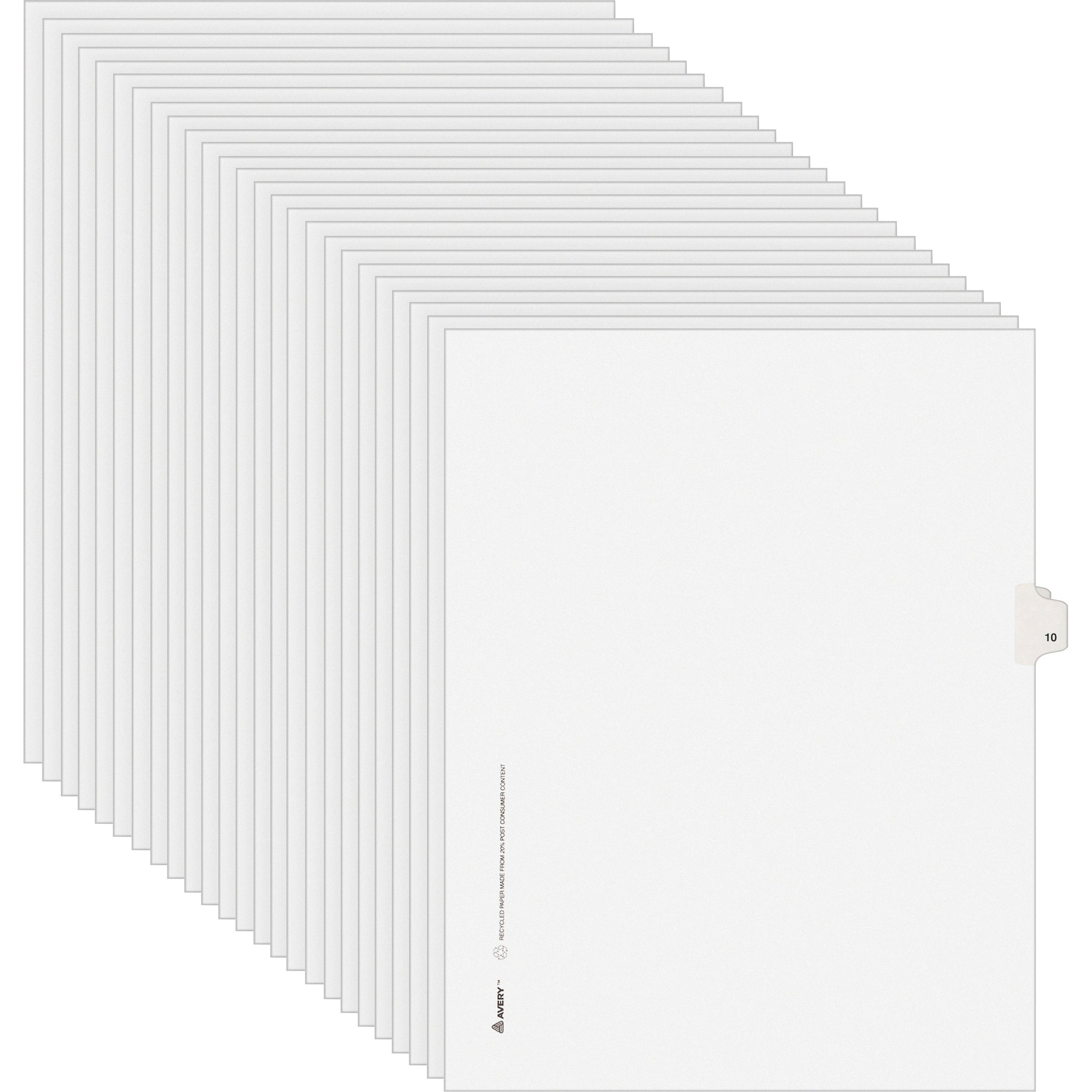 Preprinted Legal Exhibit Side Tab Index Dividers, Avery Style, 10-Tab, 10, 11 x 8.5, White, 25/Pack