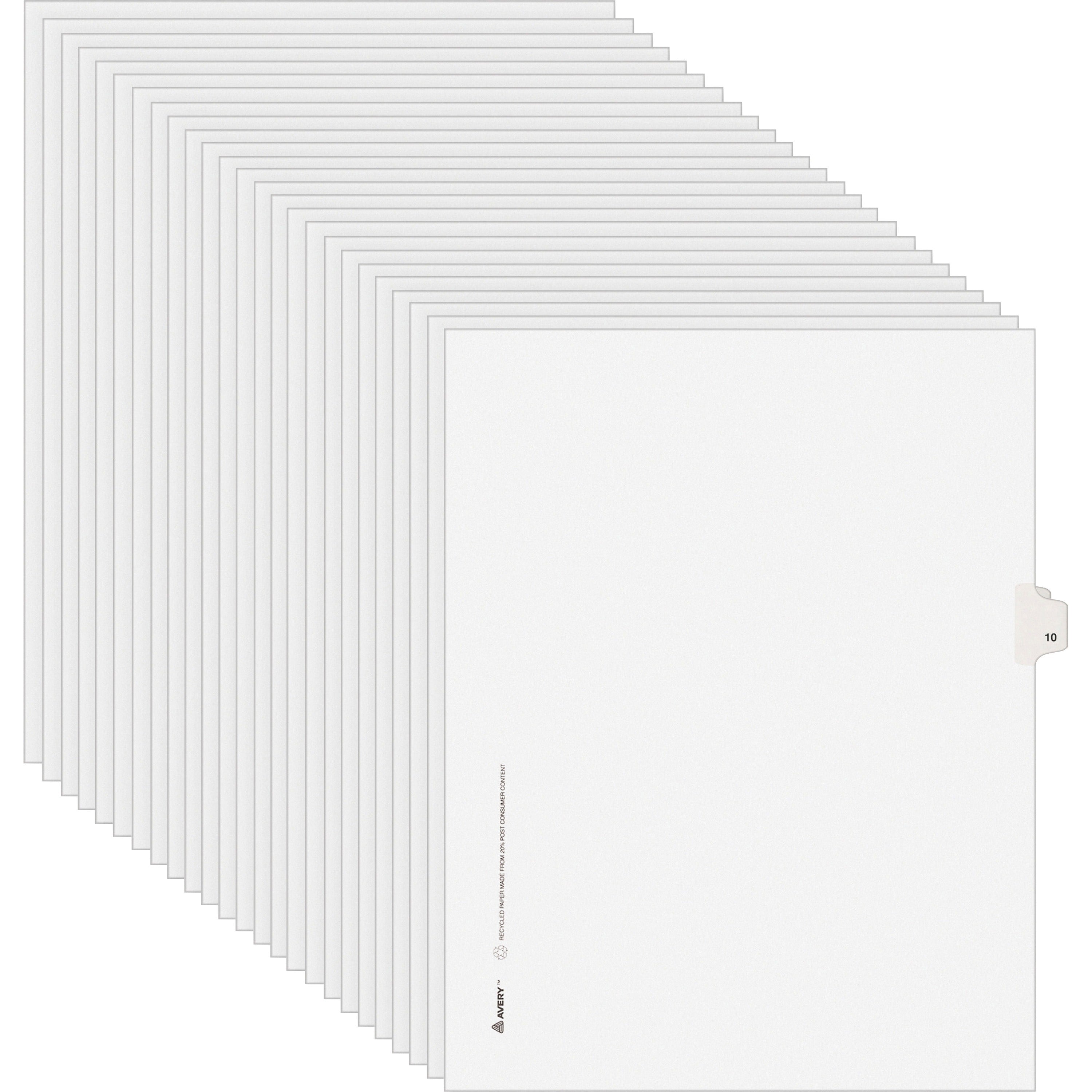 Preprinted Legal Exhibit Side Tab Index Dividers, Avery Style, 10-Tab, 10, 11 x 8.5, White, 25/Pack