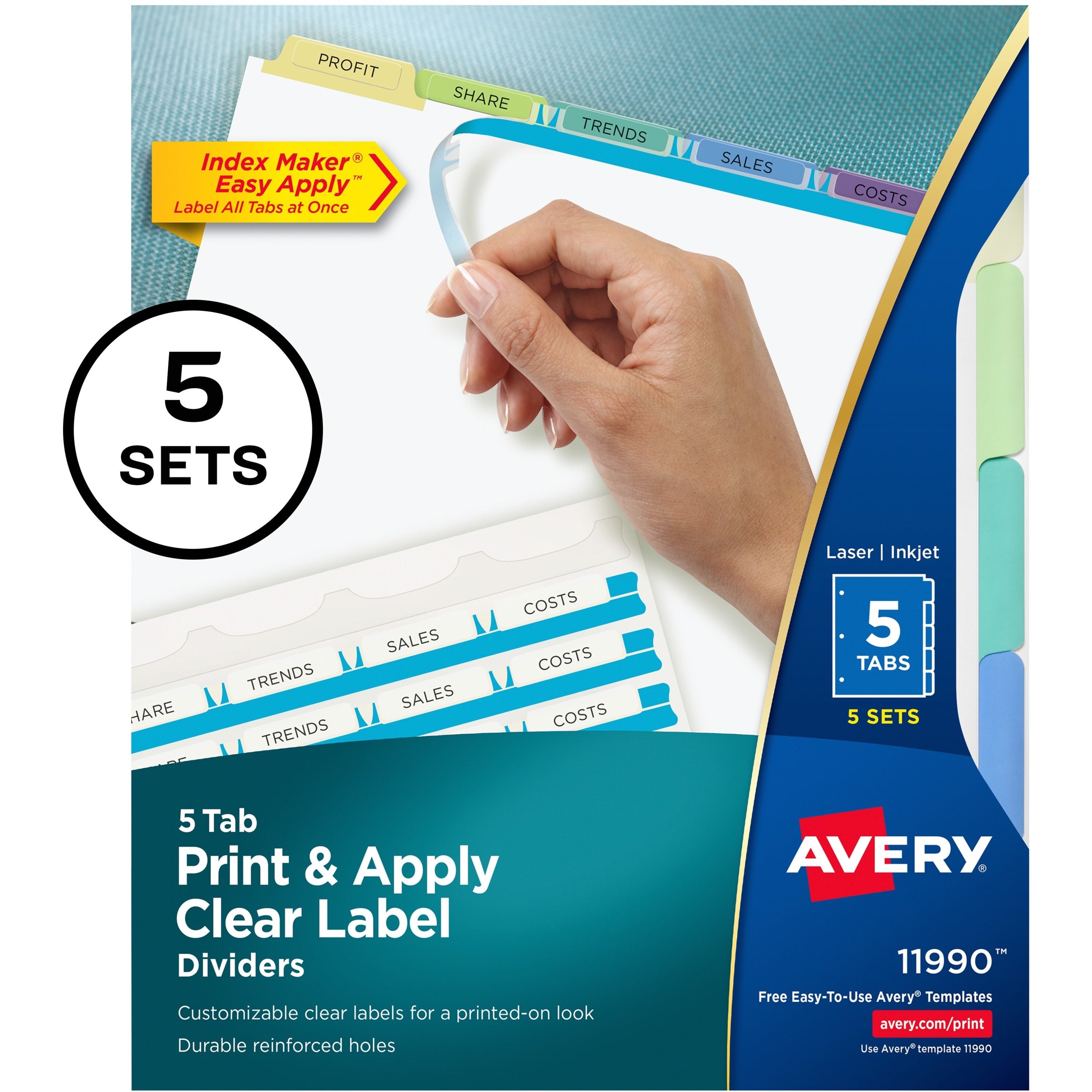 Print and Apply Index Maker Clear Label Dividers, 5-Tab, Color Tabs, 11 x 8.5, White, Contemporary Color Tabs, 5 Sets