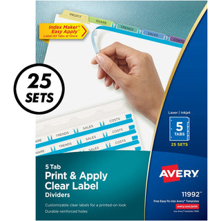 Print and Apply Index Maker Clear Label Dividers, 5-Tab, Color Tabs, 11 x 8.5, White, Contemporary Color Tabs, 25 Sets