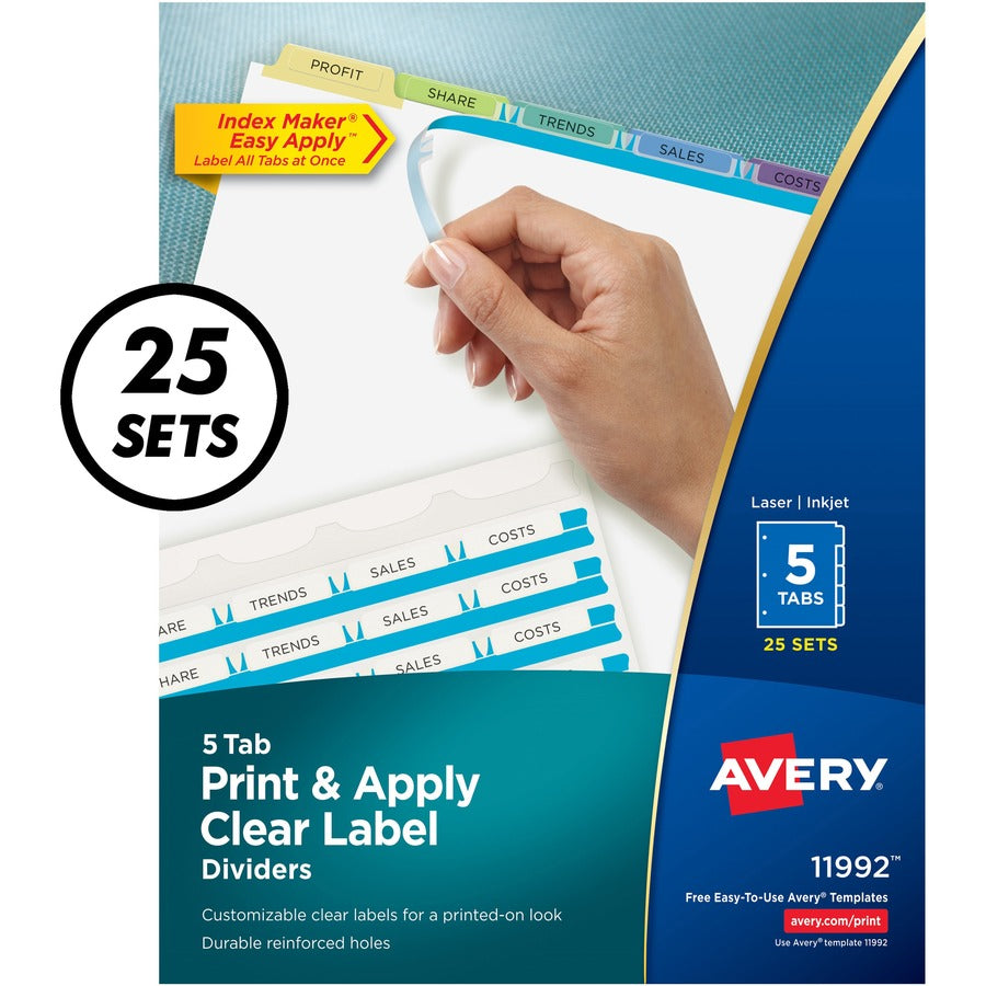 Print and Apply Index Maker Clear Label Dividers, 5-Tab, Color Tabs, 11 x 8.5, White, Contemporary Color Tabs, 25 Sets