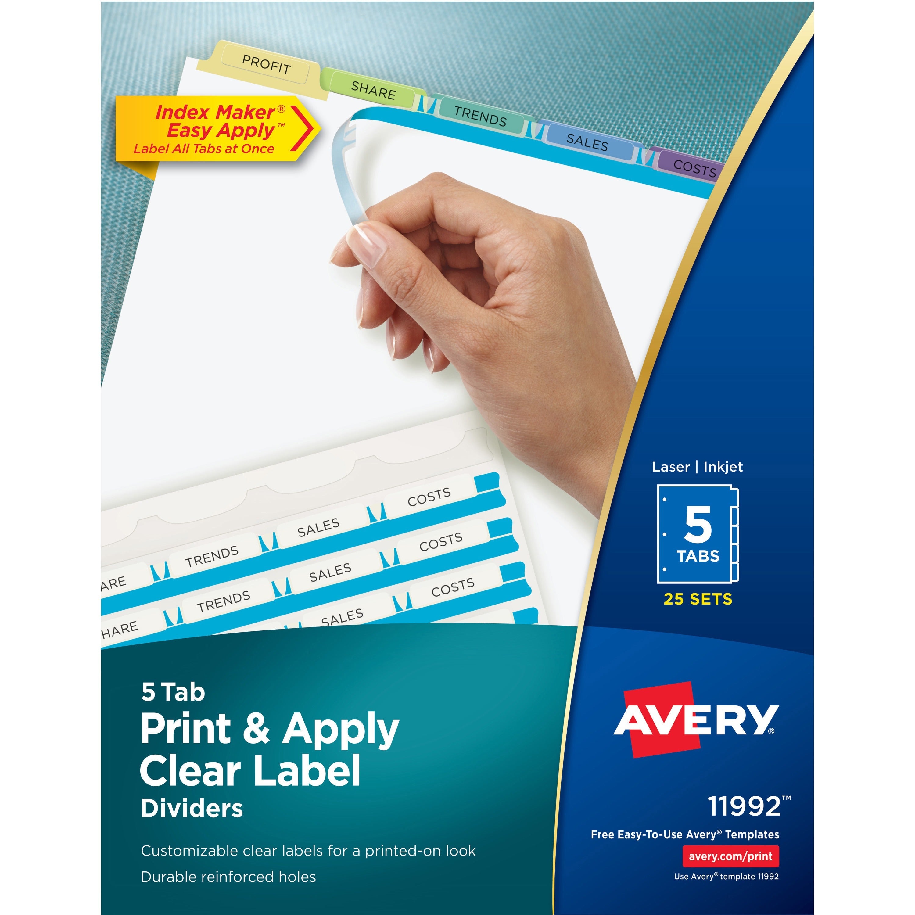 Print and Apply Index Maker Clear Label Dividers, 5-Tab, Color Tabs, 11 x 8.5, White, Contemporary Color Tabs, 25 Sets