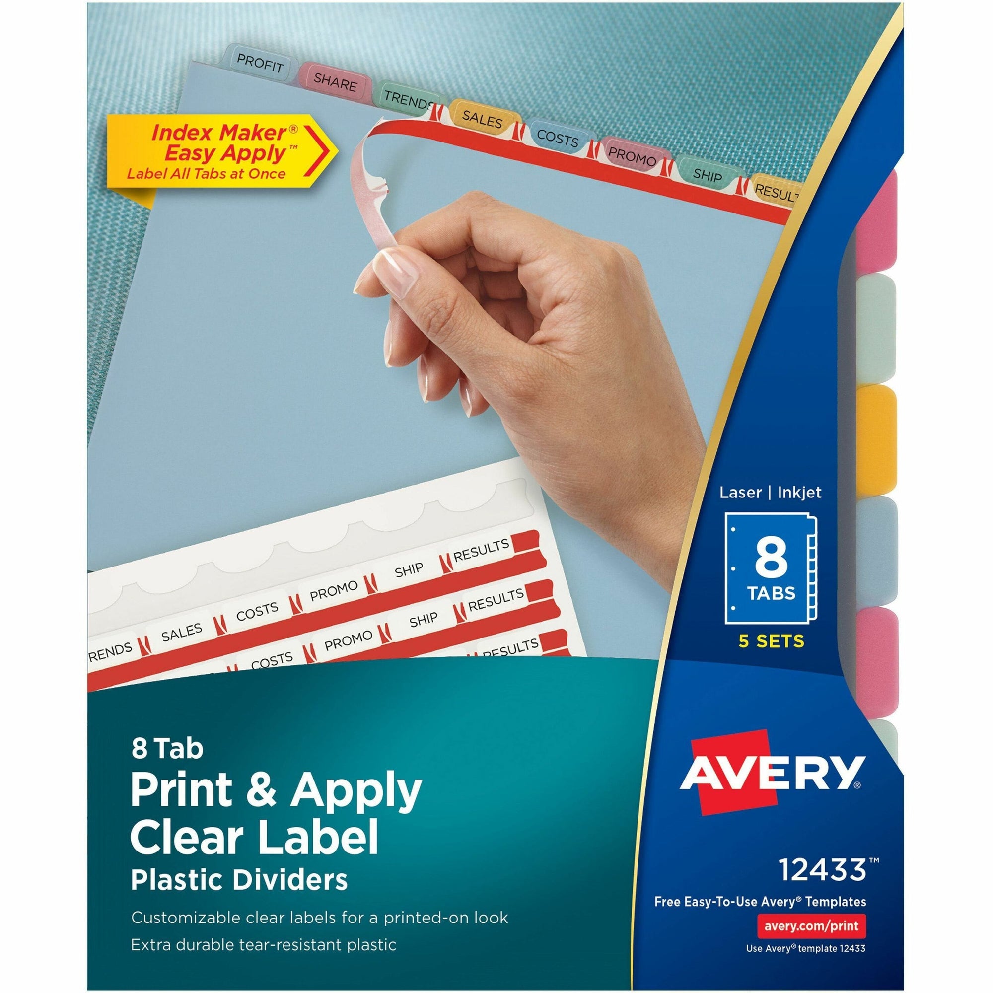 Print and Apply Index Maker Clear Label Plastic Dividers with Printable Label Strip, 8-Tab, 11 x 8.5, Assorted Tabs, 5 Sets