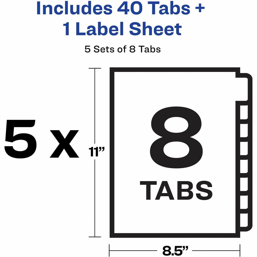 Print and Apply Index Maker Clear Label Plastic Dividers with Printable Label Strip, 8-Tab, 11 x 8.5, Assorted Tabs, 5 Sets