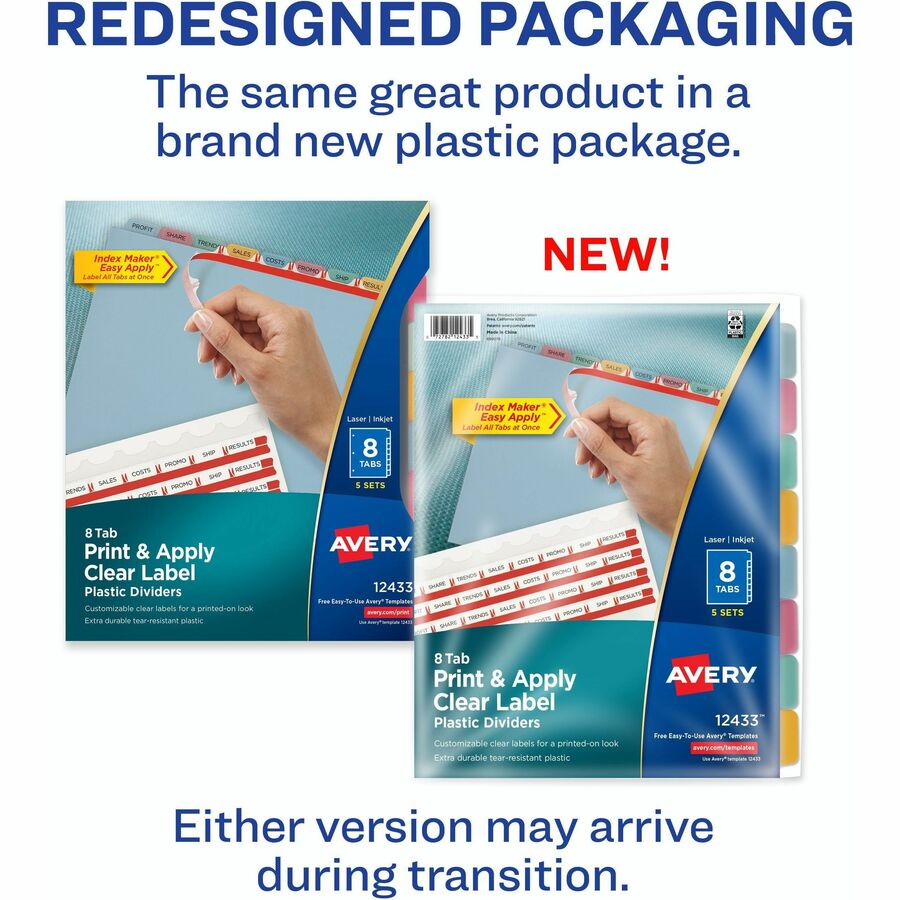 Print and Apply Index Maker Clear Label Plastic Dividers with Printable Label Strip, 8-Tab, 11 x 8.5, Assorted Tabs, 5 Sets