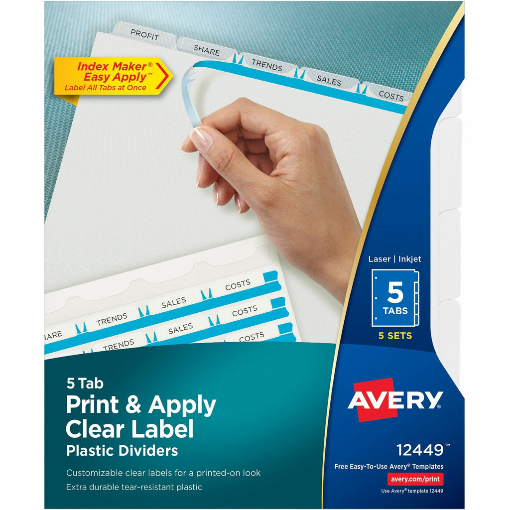 Print and Apply Index Maker Clear Label Plastic Dividers w/Printable Label Strip, 5-Tab, 11 x 8.5, Frosted Clear Tabs, 5 Sets