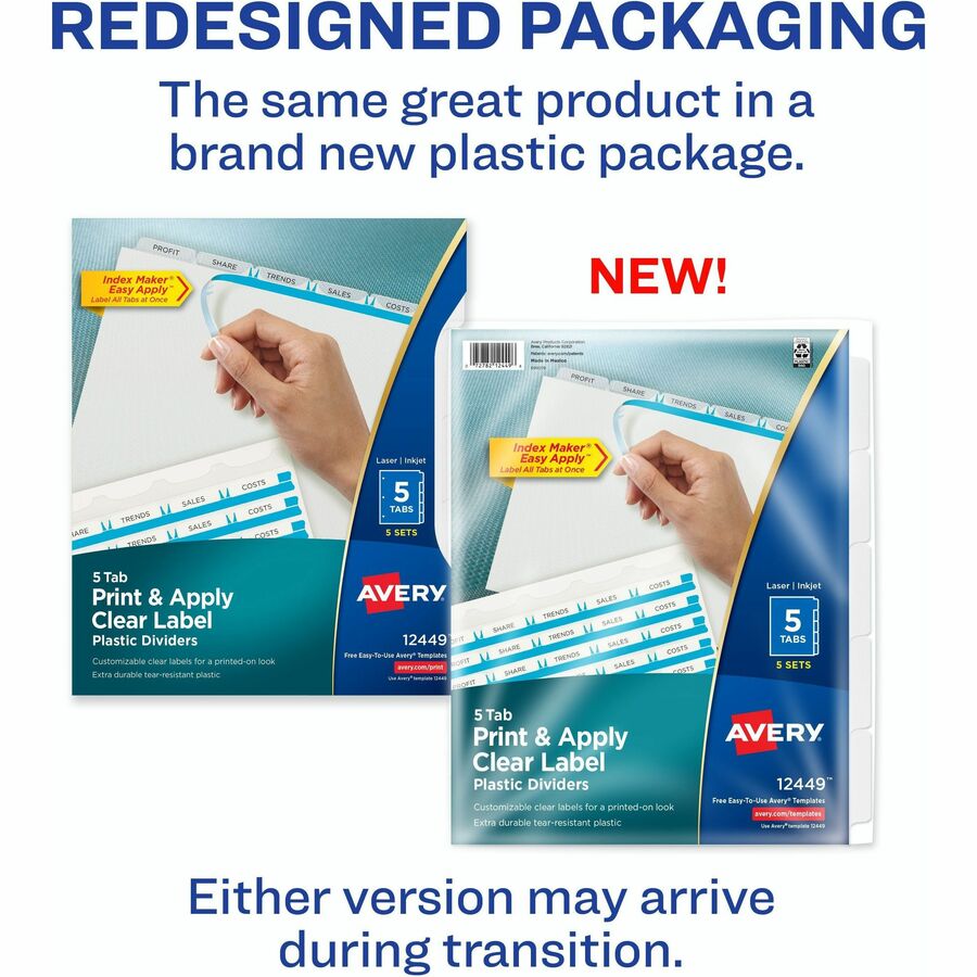 Print and Apply Index Maker Clear Label Plastic Dividers w/Printable Label Strip, 5-Tab, 11 x 8.5, Frosted Clear Tabs, 5 Sets