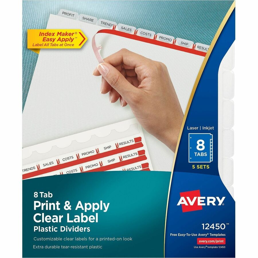 Print and Apply Index Maker Clear Label Plastic Dividers w/Printable Label Strip, 8-Tab, 11 x 8.5, Frosted Clear Tabs, 5 Sets
