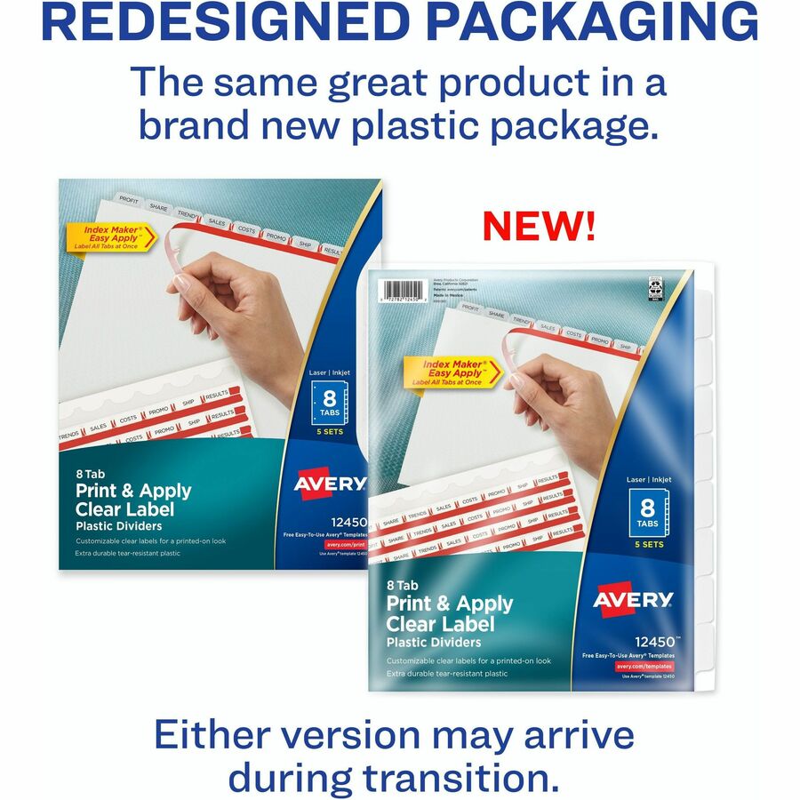 Print and Apply Index Maker Clear Label Plastic Dividers w/Printable Label Strip, 8-Tab, 11 x 8.5, Frosted Clear Tabs, 5 Sets