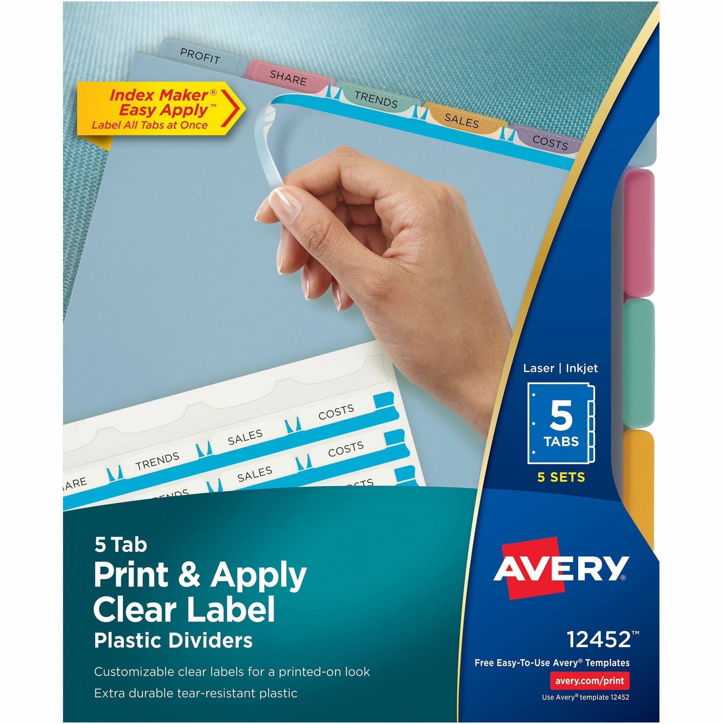 Print and Apply Index Maker Clear Label Plastic Dividers with Printable Label Strip, 5-Tab, 11 x 8.5, Assorted Tabs, 5 Sets
