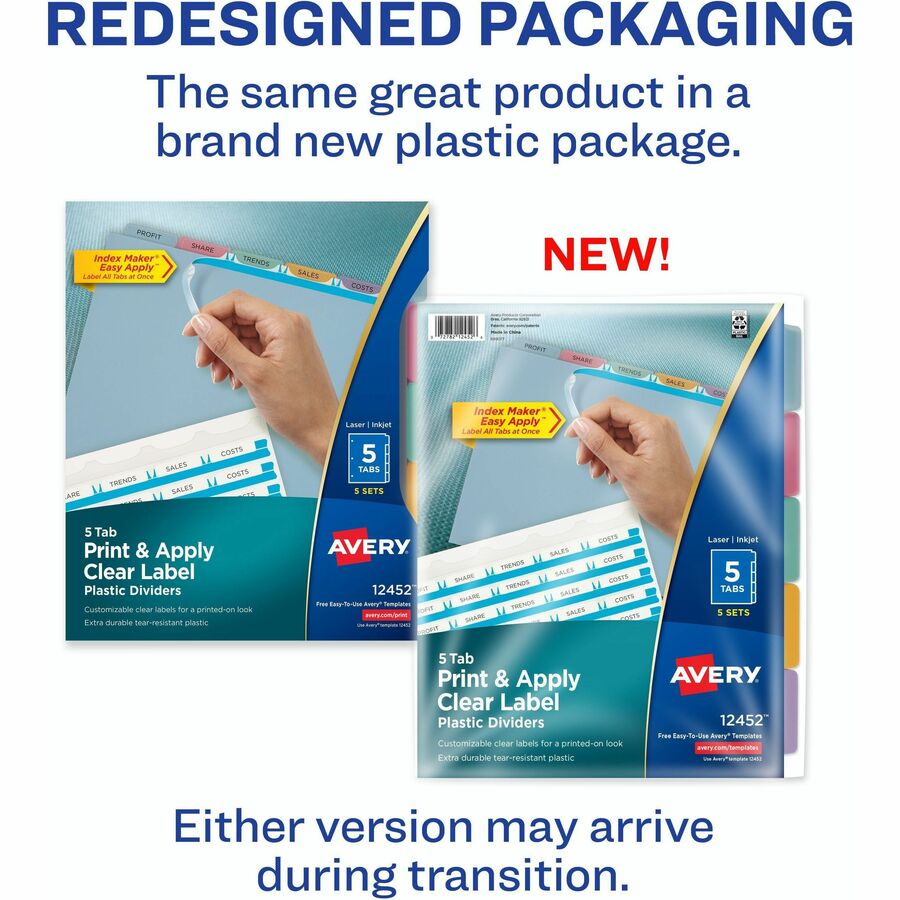 Print and Apply Index Maker Clear Label Plastic Dividers with Printable Label Strip, 5-Tab, 11 x 8.5, Assorted Tabs, 5 Sets