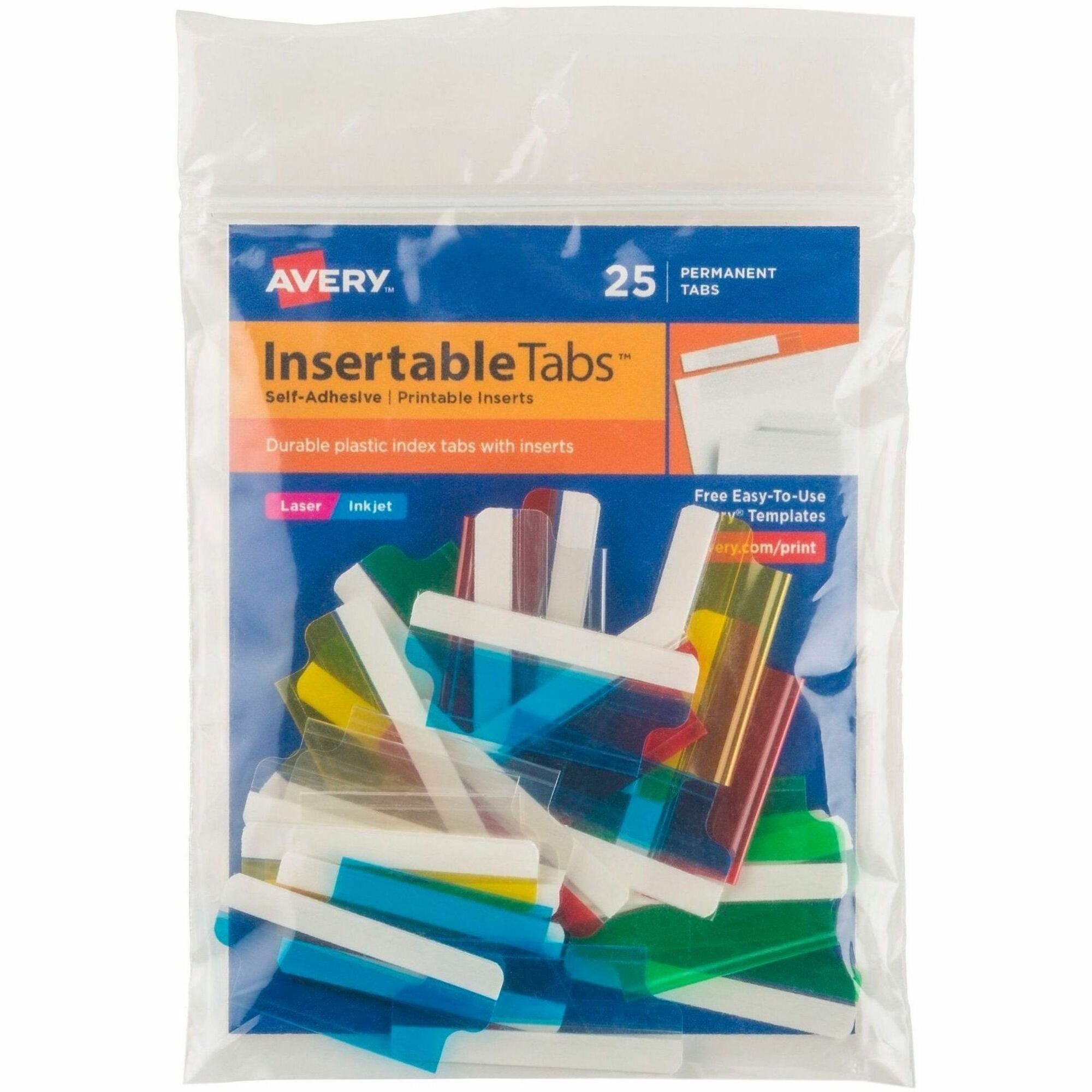 Insertable Index Tabs with Printable Inserts, 1/5-Cut, Assorted Colors, 1.5" Wide, 25/Pack
