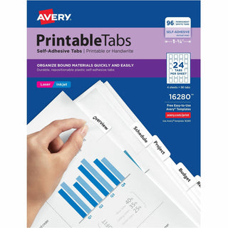 Printable Plastic Tabs with Repositionable Adhesive, 1/5-Cut, White, 1.25" Wide, 96/Pack